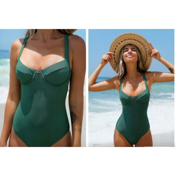 Cupshe Green Wave Underwire One Piece Swimsuit Green Women's Medium - Picture 1 of 6